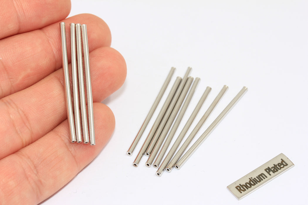 2x50mm Rodyum Kaplamalı Tüp Boncuklar, Yuvarlak Tüpler, MTE886