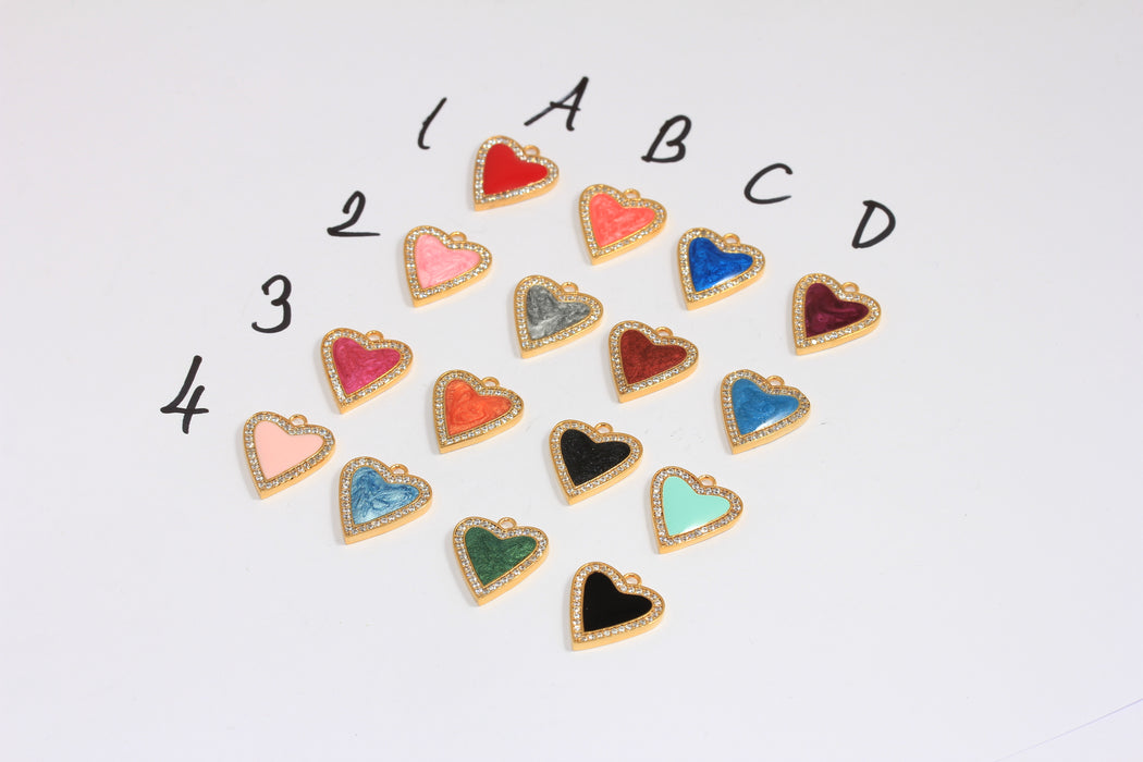 15x18mm 24k Shiny Gold CZ Heart Charms, Micro Pave Enamel Heart,