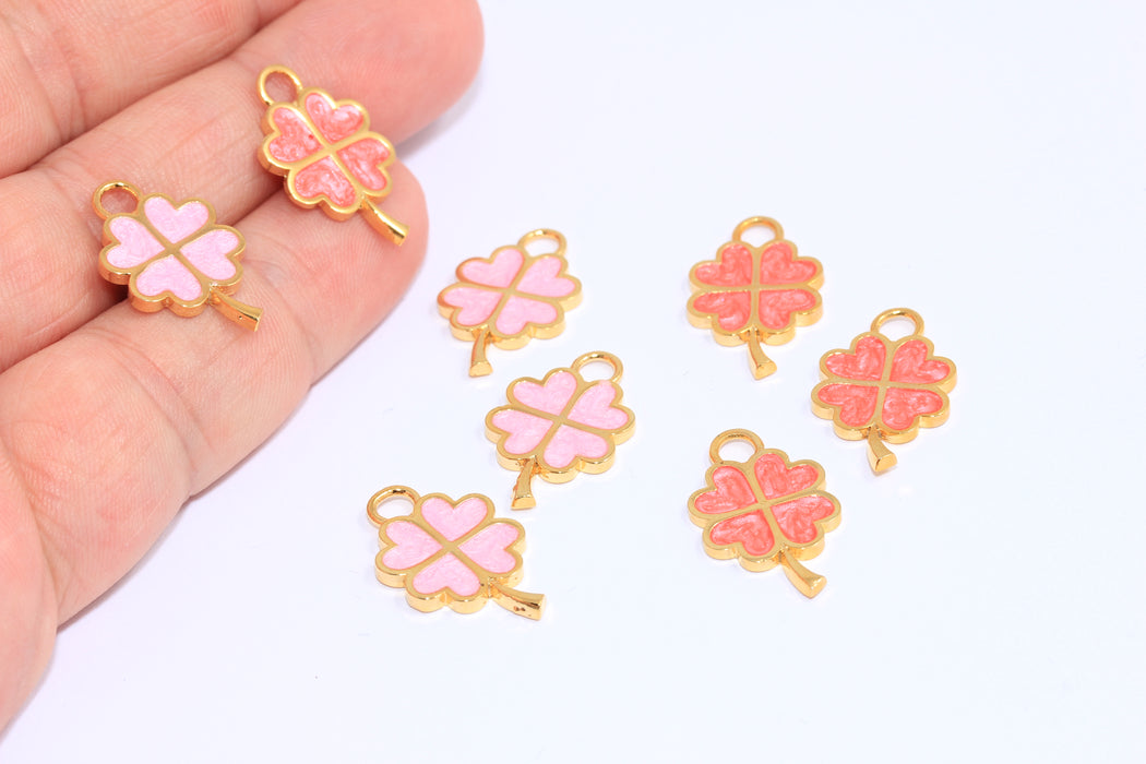 13x22mm 24k Shiny Gold Clover Charms, Pink Enamel Flower Beads,