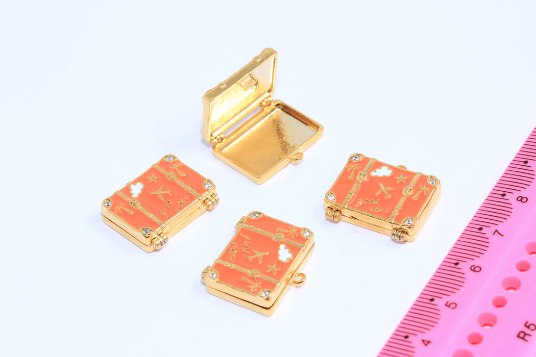 Ciondoli per borsa da viaggio in oro lucido 4k da 23 mm con zirconi cubici, perline a forma di valigia in smalto arancione, CHK415-8