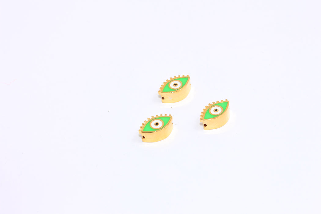 6x12mm 24k Shiny Gold Evil Eye Beads, Green Enamel Evil Eye Charms, CHK415-7A