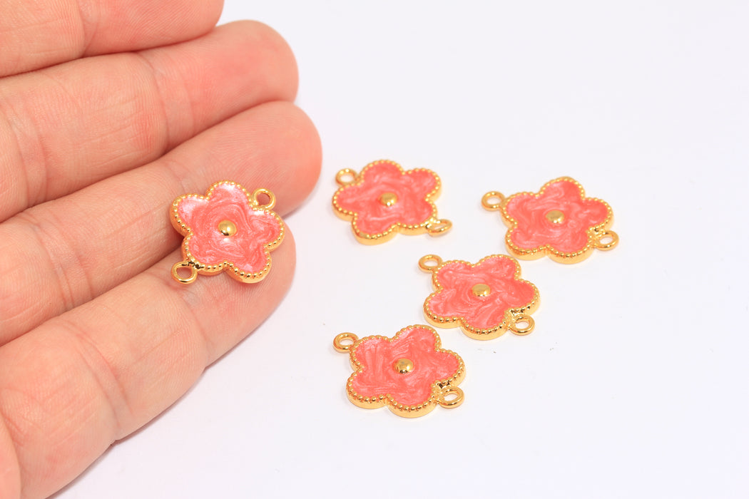 16mm 24k Shiny Gold Flower Charms, Coral Enamel Clover Connector, CHK415-7B