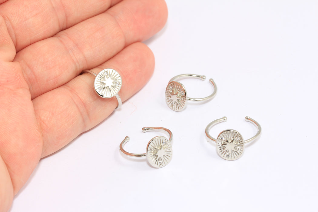 16-17mm Rhodium Plated CZ North Star Rings, Micro Pave Pole Star Rings, BXB190-1
