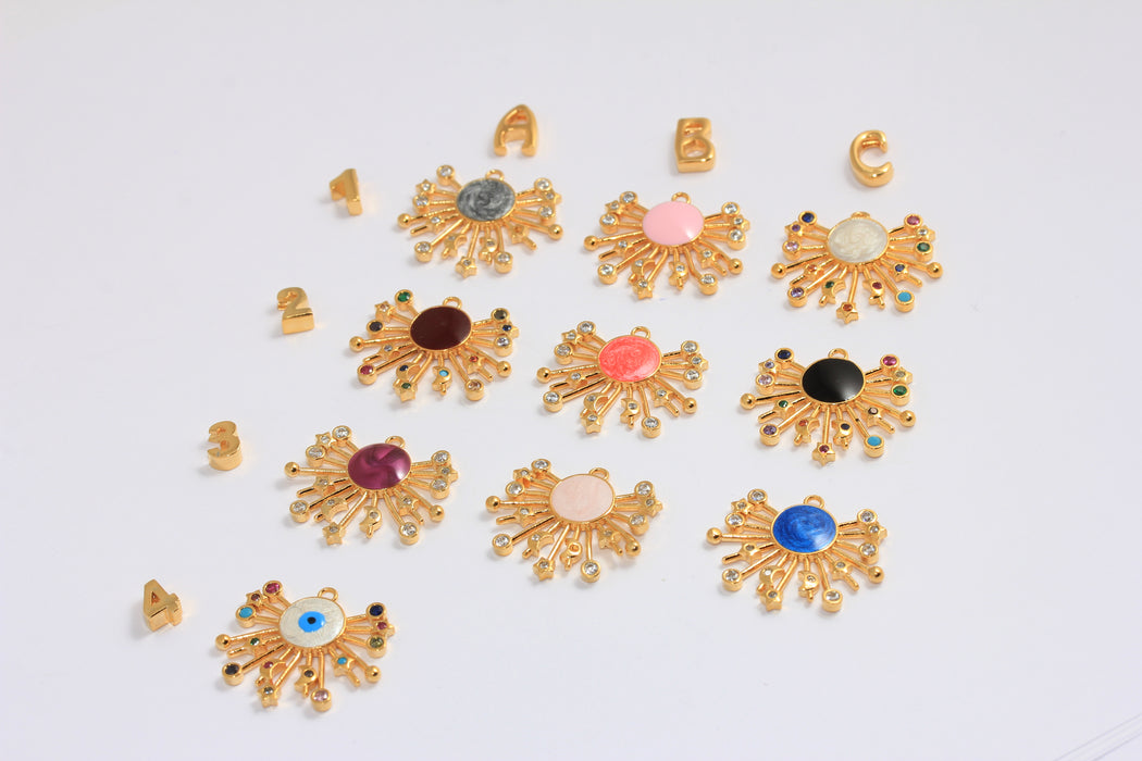 Ciondoli a forma di sole in oro lucido 24k con zirconi cubici da 22x26 mm, medaglione a forma di galassia con zirconi cubici, ciondoli a forma di sole in smalto,