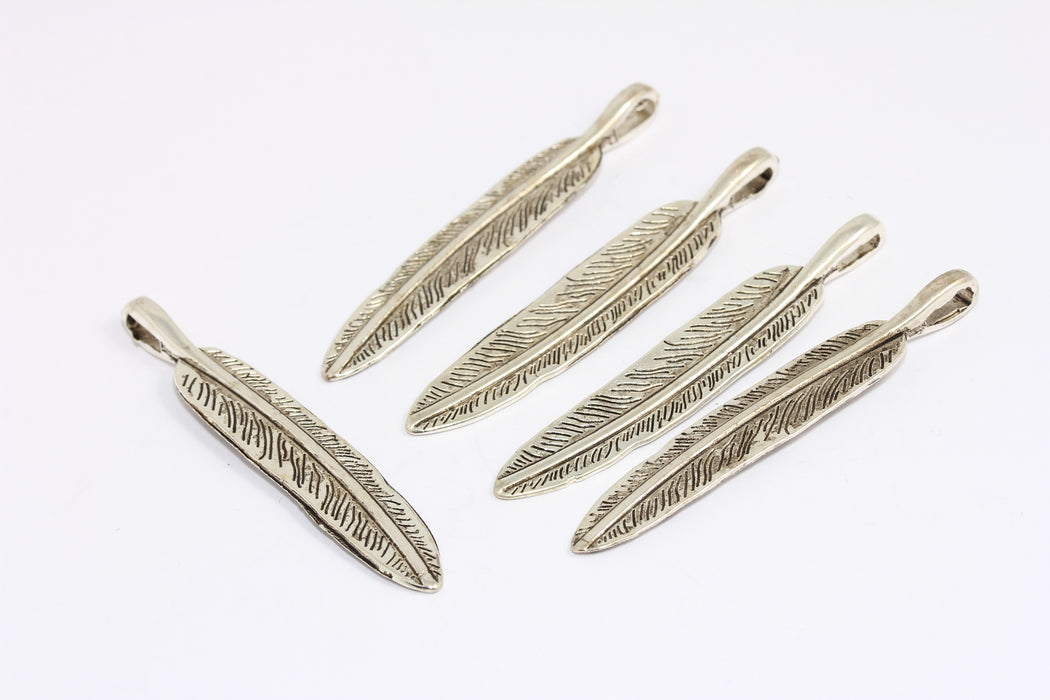 9x54mm Antik Gümüş Tüy Kolye, Hint Tüyü Tılsımları, KA121