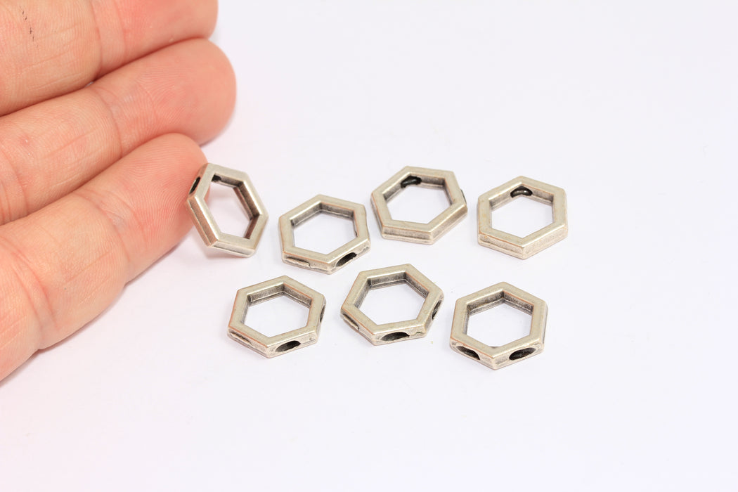 14 mm Antik Gümüş Petek Charm, Altıgen Taslak Charmlar, KA102