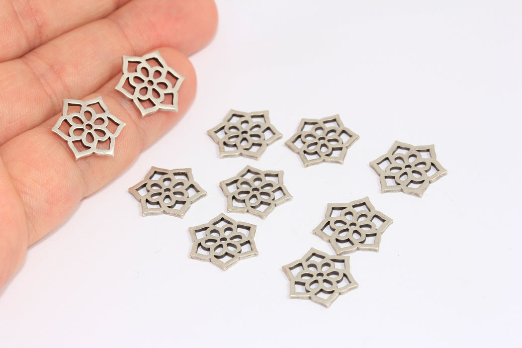 15 mm Antik Gümüş Lotus Tılsımları, Yaşam Çiçeği Kolye Ucu, Lotus Boncukları, KA136