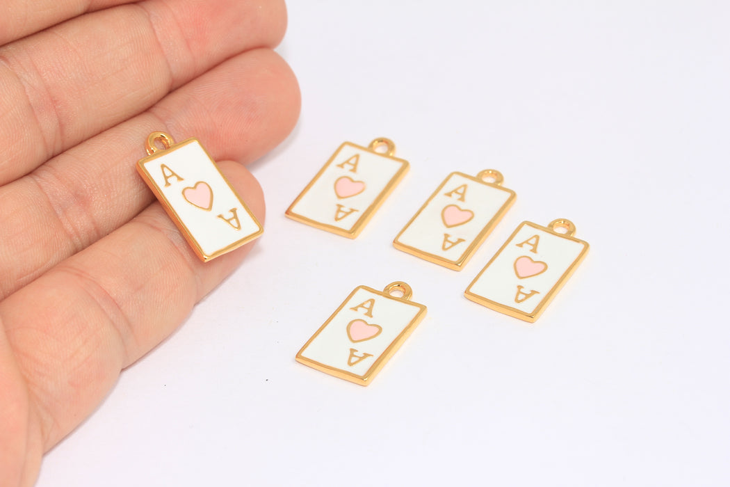 12x19mm 24 Ayar Parlak Altın Poker Oyuncusu Tılsımı, Beyaz Emaye Kalp Poker Tılsımı, BXB8-8