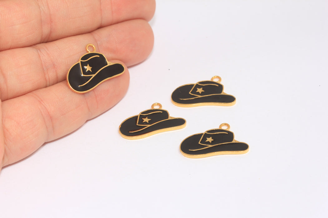12x23mm 24k Shiny Gold Cowboy Charms, Black Enamel Cowboy Hat Charms, BXB141-8A