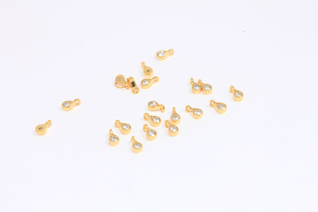 3x6,5 mm 24 Ayar Parlak Altın Damla Boncuklar, CZ Beyaz Taş Damla Tılsımlar, BXB433-2