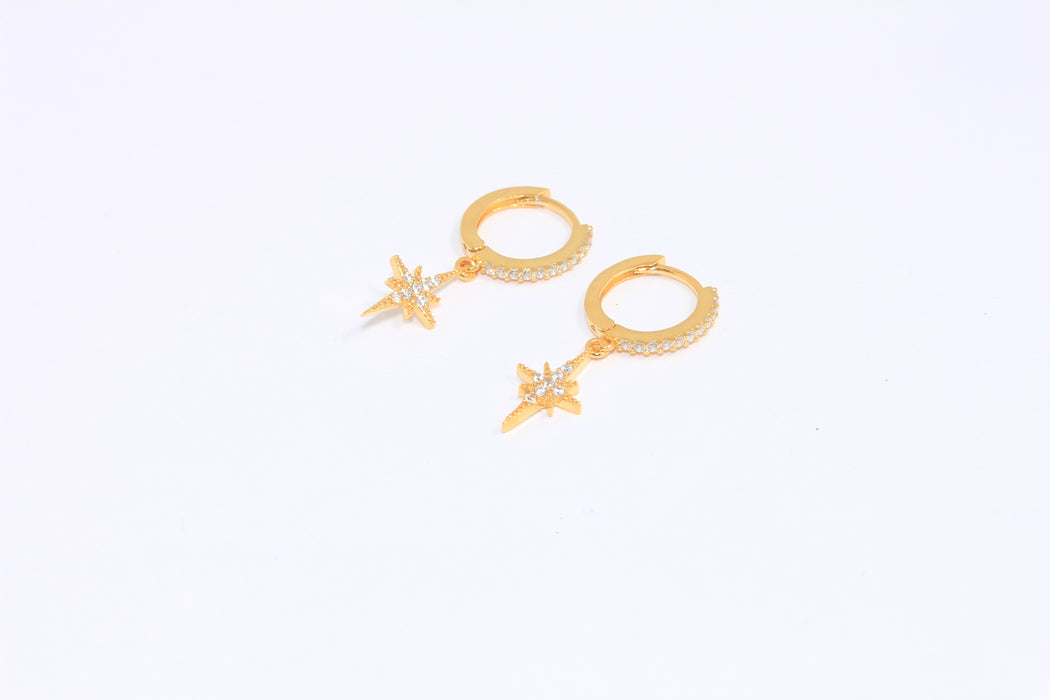 Micro Pave White Stone Lever Back Hoops, CZ North Star Earrings