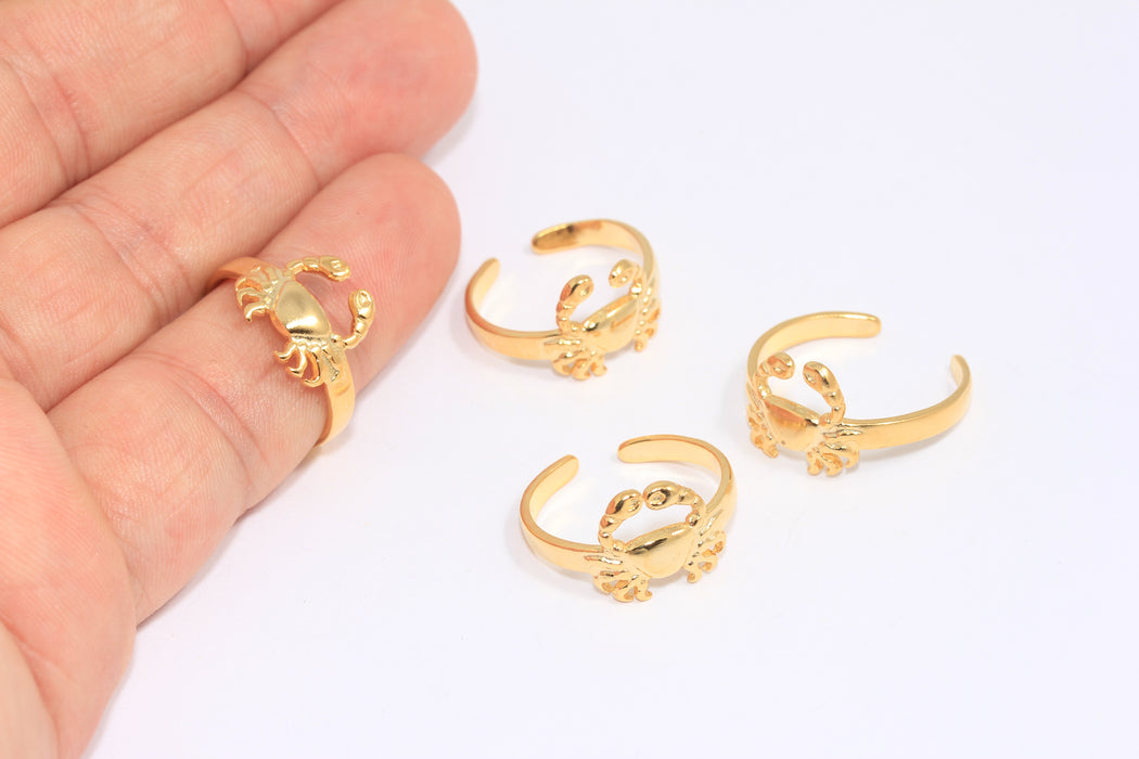 17,5mm 24k Shiny Gold Crab Rings, Adjustable Ring Settings, Sea Animal Rings, CR78