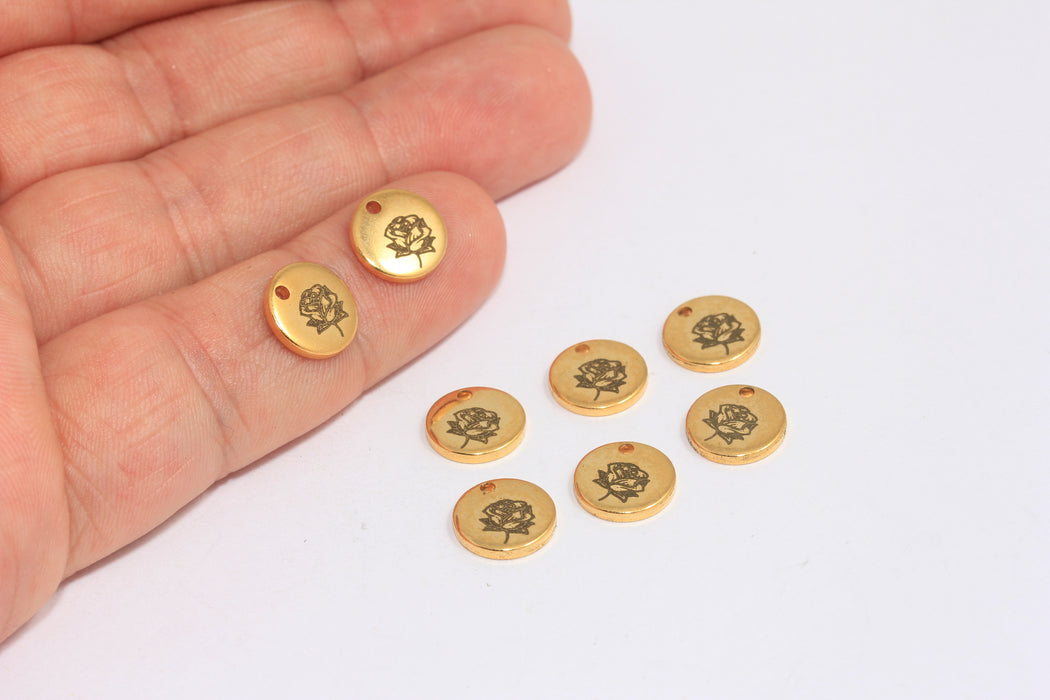 10mm Raw Brass Flower Beads, Disc Charms, Engraved Flower Bracelet Beads, BXB141-5