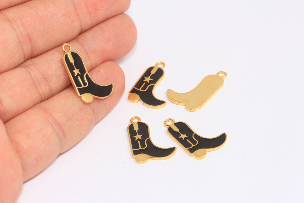 Ciondoli a forma di stivale da cowboy in oro lucido 24k, 15x20 mm, smaltati di nero, BXB8-1B