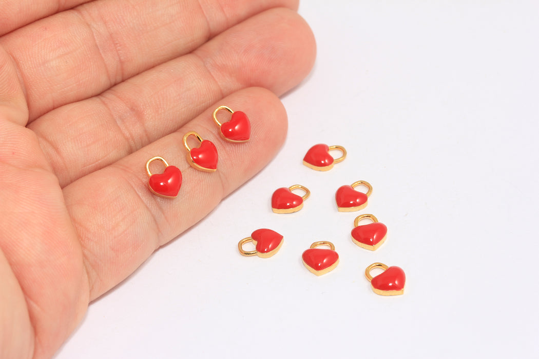 Perline a forma di cuore in oro lucido 24k da 7x9 mm, ciondoli a forma di cuore in smalto rosso, BXB8-3A