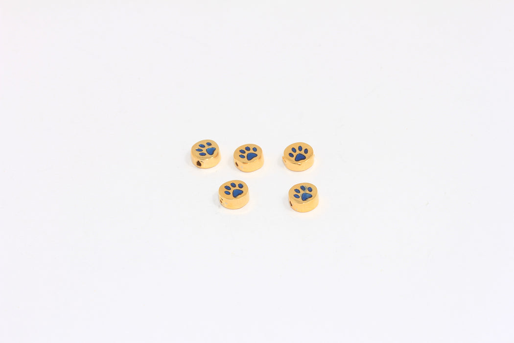 7mm 24k Shiny Gold Cat Paw Beads, Blue Enamel Paw Bracelet Charms, BXB8-3B
