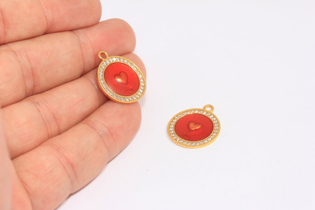 Ciondoli a forma di cuore rotondo in oro lucido 24k da 18 mm, medaglione a forma di cuore con micro pavé, BXB141-3