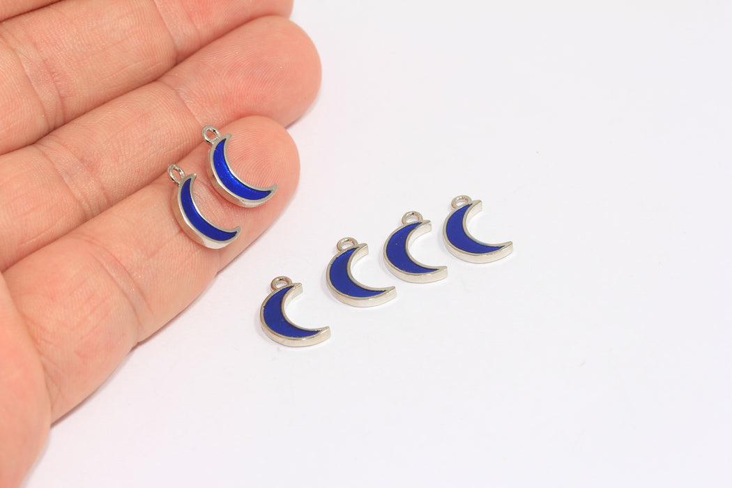8x11mm Rhodium Plated Moon Charm, Blue Enamel Crescent Moon Beads, BXB141-4A