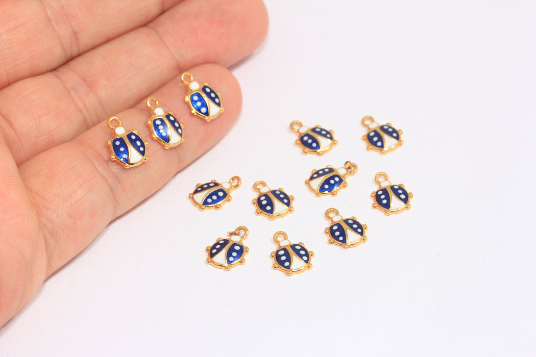 9x11mm 24 Ayar Parlak Altın Uğur Böceği Tılsımları, Mavi Mine Uğur Böceği Boncukları, BXB8-2
