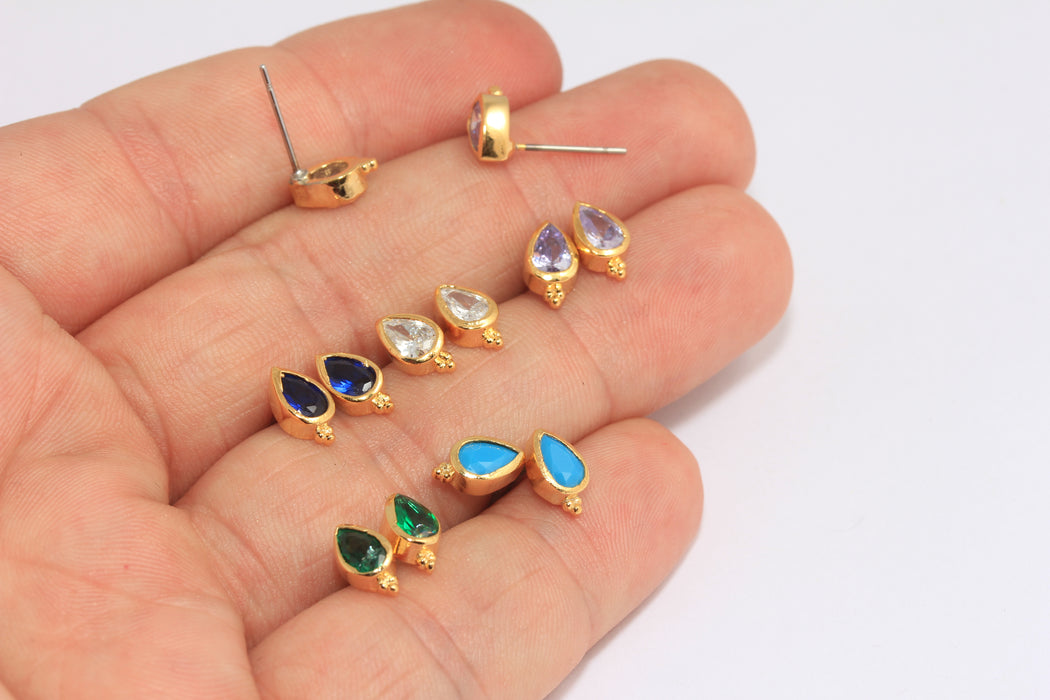 5x9mm 24k Shiny Gold CZ Stud Earrings, Crystal Teardrop Earrings,
