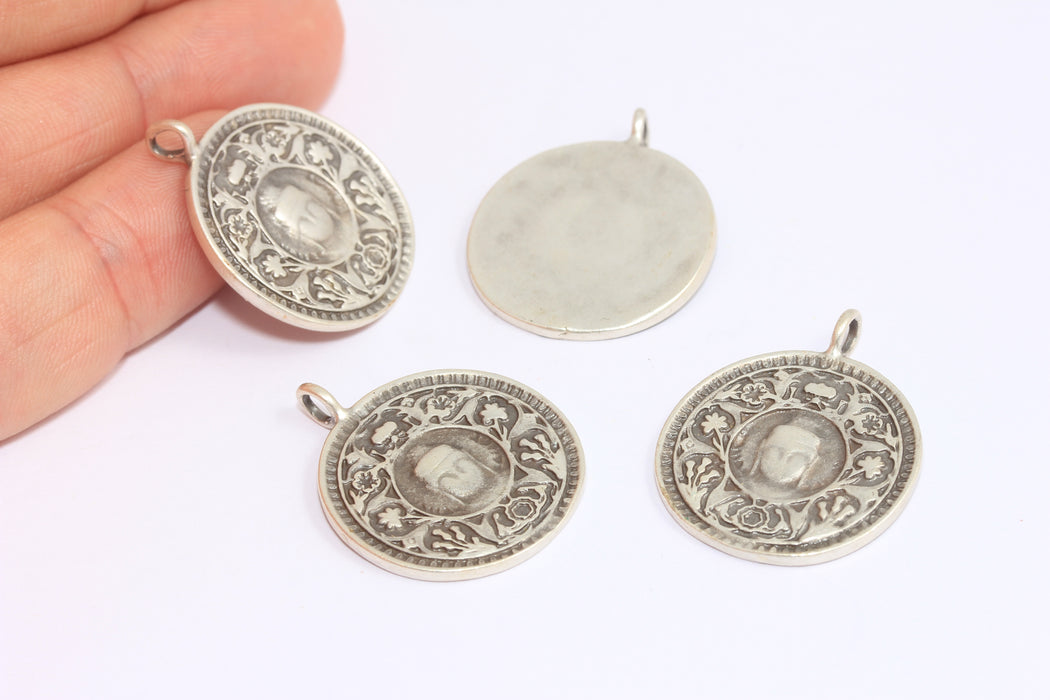 24mm Antique Silver Buddha Charm, Buddha Medallion Pendant, CR88