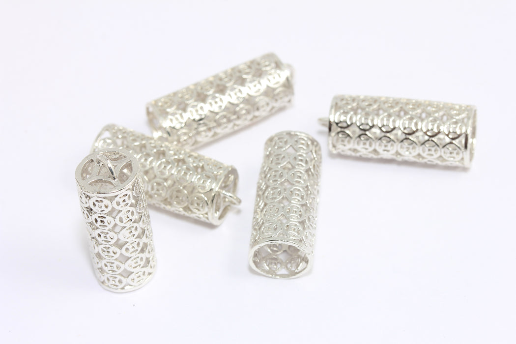 10x25 mm Rodyum Kaplamalı Filigran Uç Kapakları, Uzun Püskül Uç Kapağı, CR158