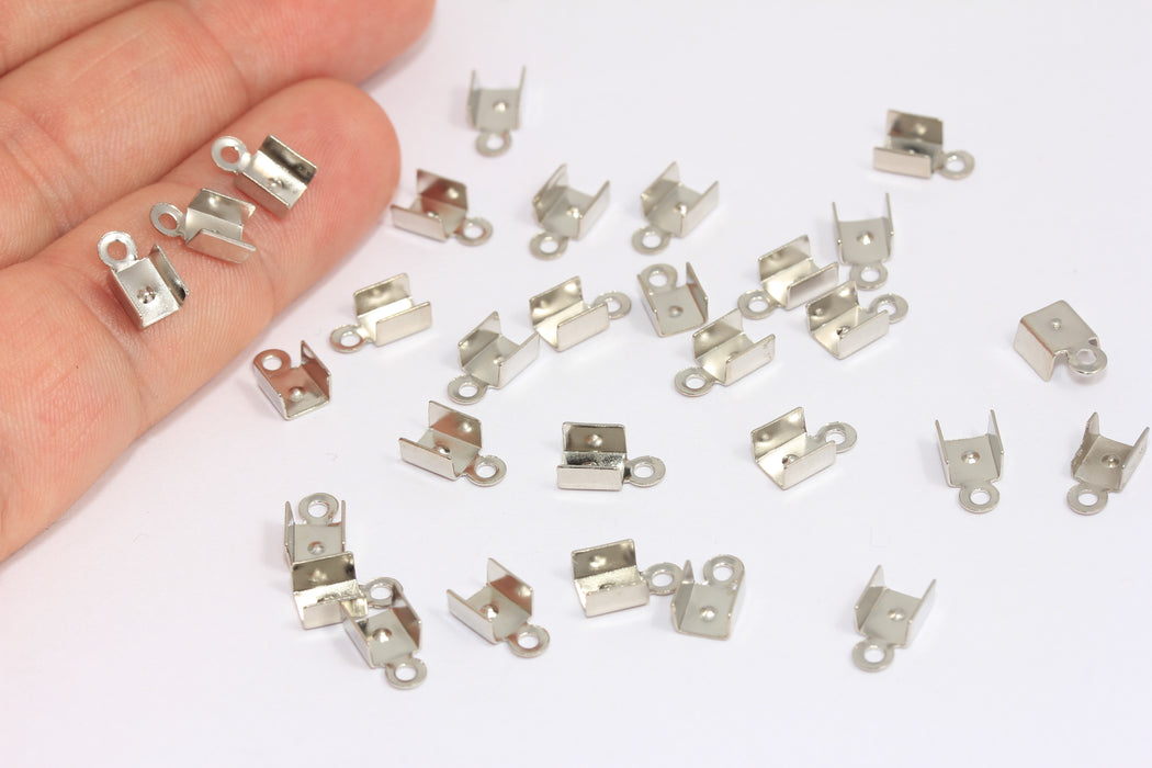 5x9mm Rhodium Plated Cord End, Fold Over Crimp Cord End Cap, CR152