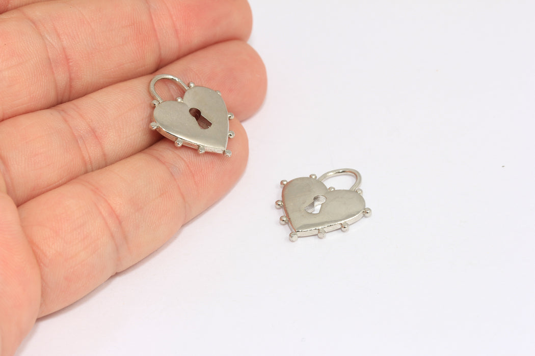 Ciondoli a forma di lucchetto a cuore placcati in rodio 20x22 mm, medaglione a cuore, lucchetto a cuore, BXB437-7)