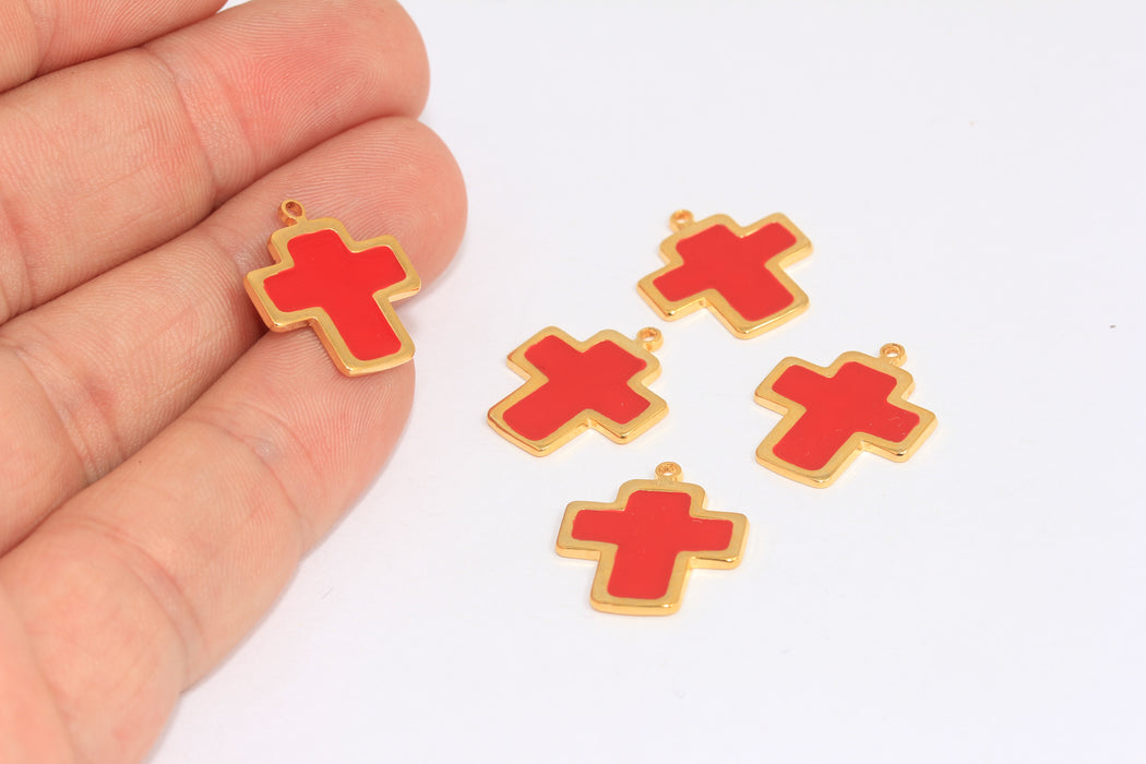 16mm 24k Shiny Gold Cross Charms, Red Enamel Cross Pendant, BXB437-6