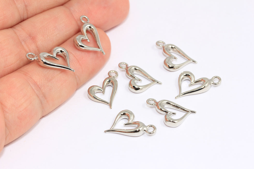12mm Rhodium Plated Heart Charms, Outline Heart Shaped Pendant, BXB437-5