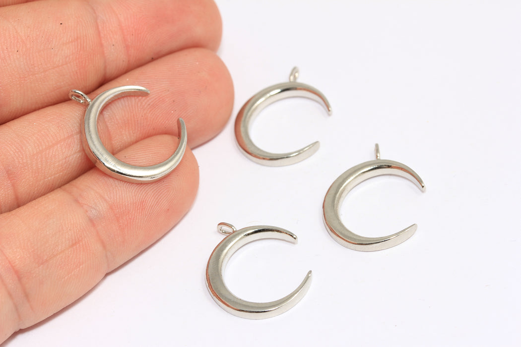 17x18mm Rhodium Plated Horn Charms, Crescent Moon Pendant, BRT610