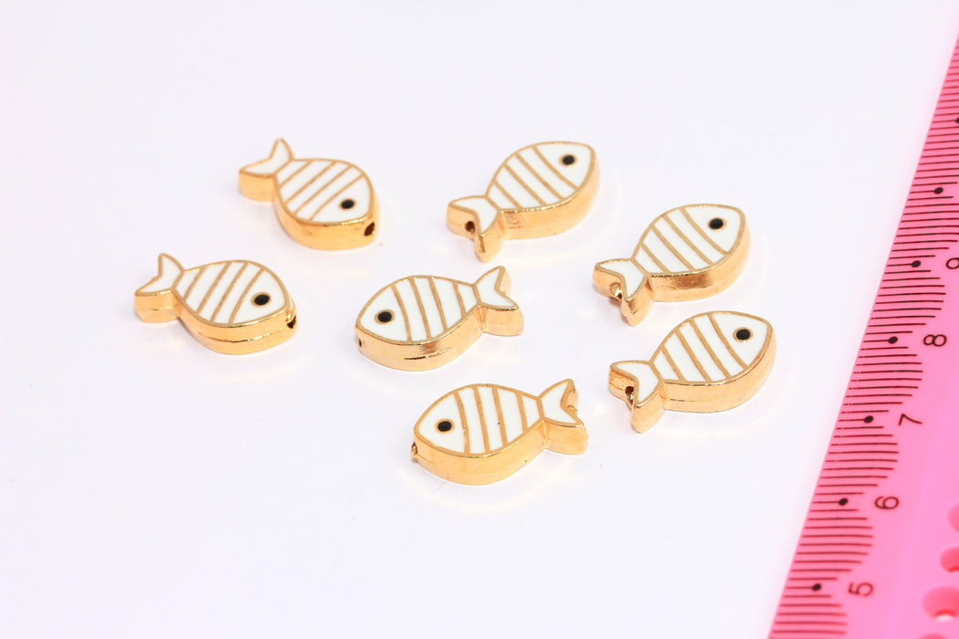 Perline a forma di pesce in oro lucido 24k 9x16 mm, ciondoli a forma di pesce, perline a forma di pesce con foro centrale, perline per braccialetti, pesce in smalto bianco, XP279