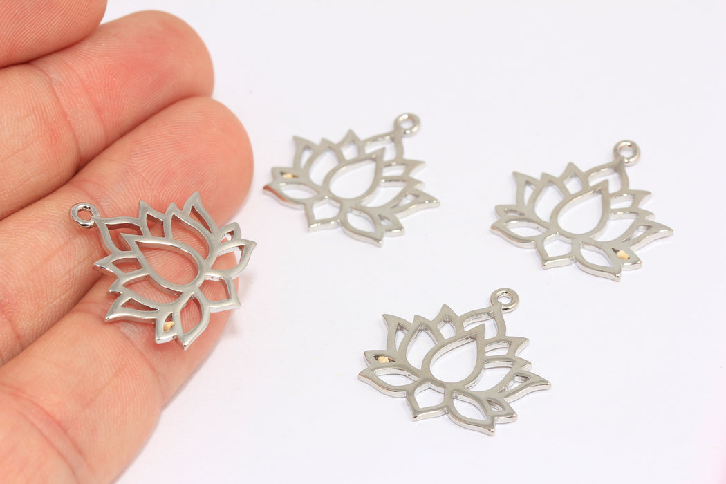 21x24mm Rhodium Plated Lotus Charms, Flower of Life Pendant, Lotus Connector Beads, XP348