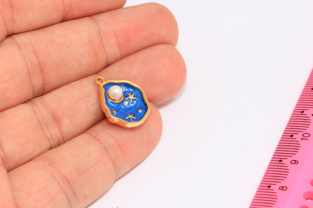 15x17mm 24k Shiny Gold Sea Shell Charm, Blue Enamel Seashell Charm, Pearl In Shell Pendant, XP393-3