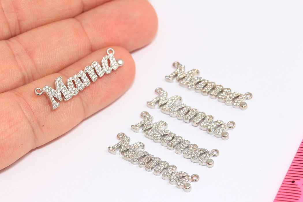 Ciondolo mamma con zirconi cubici placcati in rodio, 5x28 mm, ciondolo mamma con micro pavé, XP377