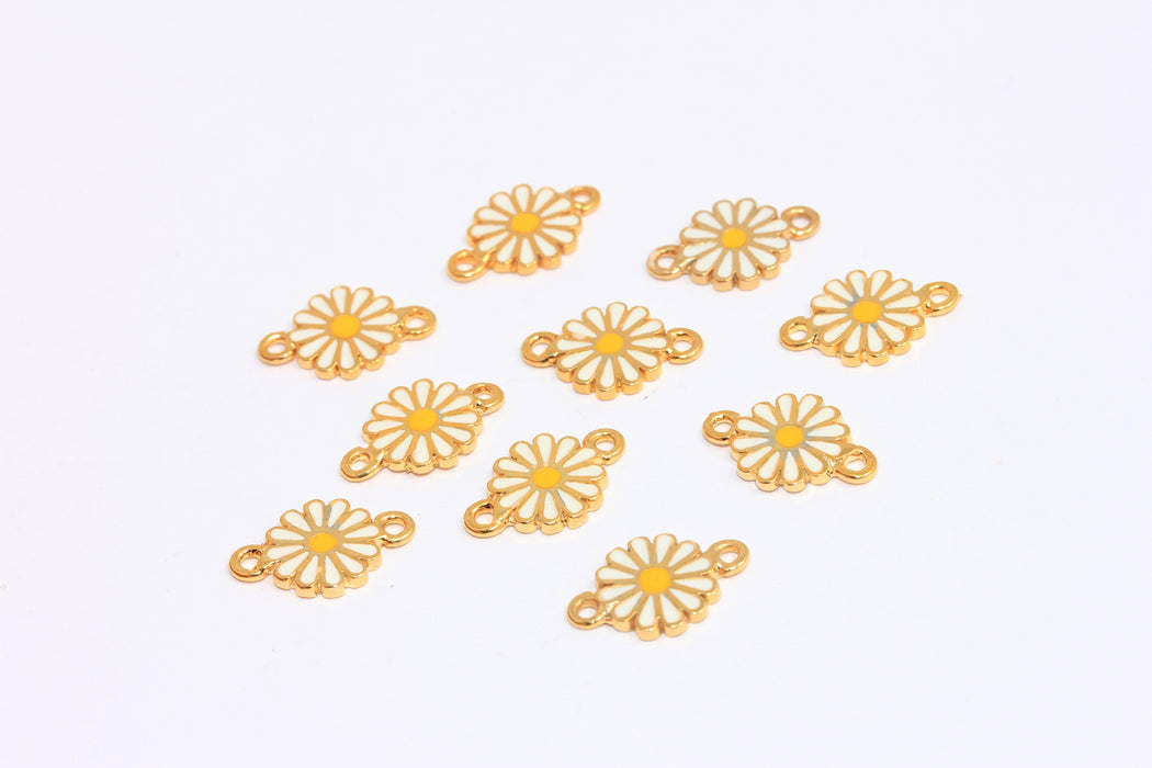 Ciondolo a forma di margherita in oro lucido 24k da 9,5 mm, perline di collegamento a forma di fiore in smalto bianco, XP316