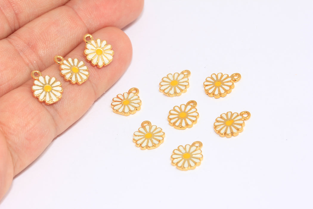 Ciondolo a forma di margherita in oro lucido 24k da 9,5 mm, perline a forma di fiore in smalto bianco, XP304