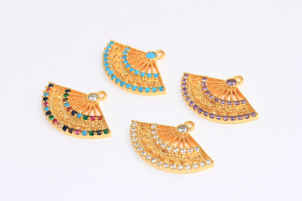 17,5x32mm 24k Shiny Gold CZ Sector Charms, Micro Pave Optional Stone Color Fan Pendant, XP