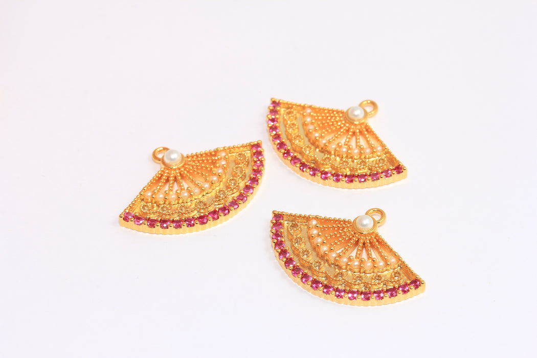 20x32mm 24k Shiny Gold CZ Sector Charms, Micro Pave Ruby Stone Color Fan Pendant, XP209