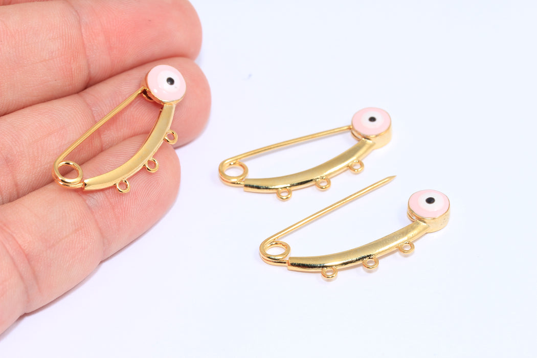 Spilla di sicurezza anti-malocchio in oro lucido 24k da 14x35 mm con passanti, protezione per bambini contro il malocchio rosa chiaro, XP439