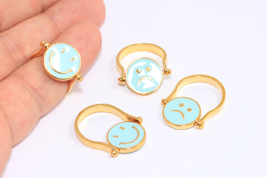 17-18mm 24k Shiny Gold Smiley Rings, Two Faces Smile Rings, Enamel Smiley, FRB25