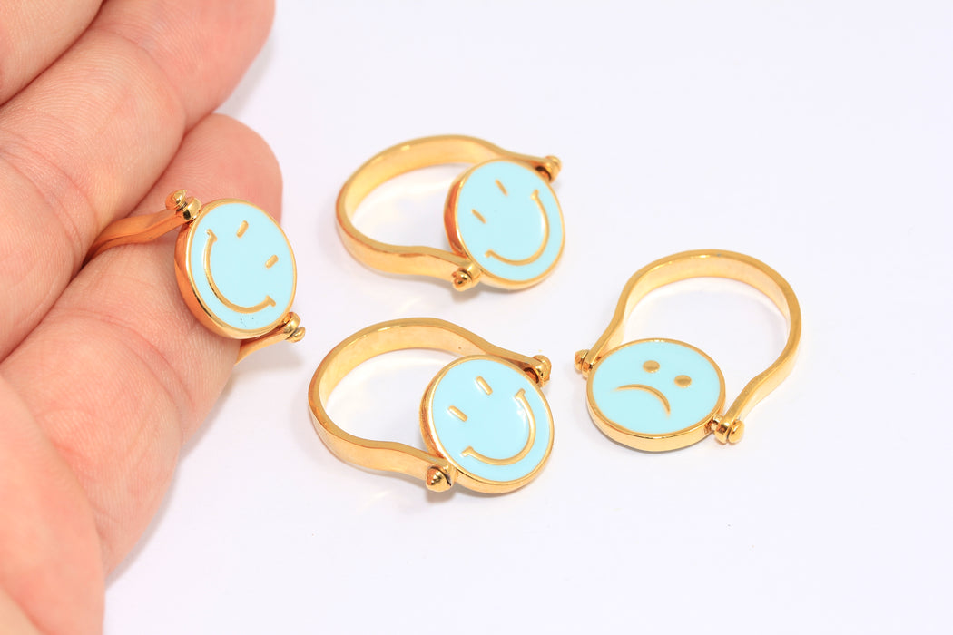 17-18mm 24k Shiny Gold Smiley Rings, Two Faces Smile Rings, Enamel Smiley, FRB25