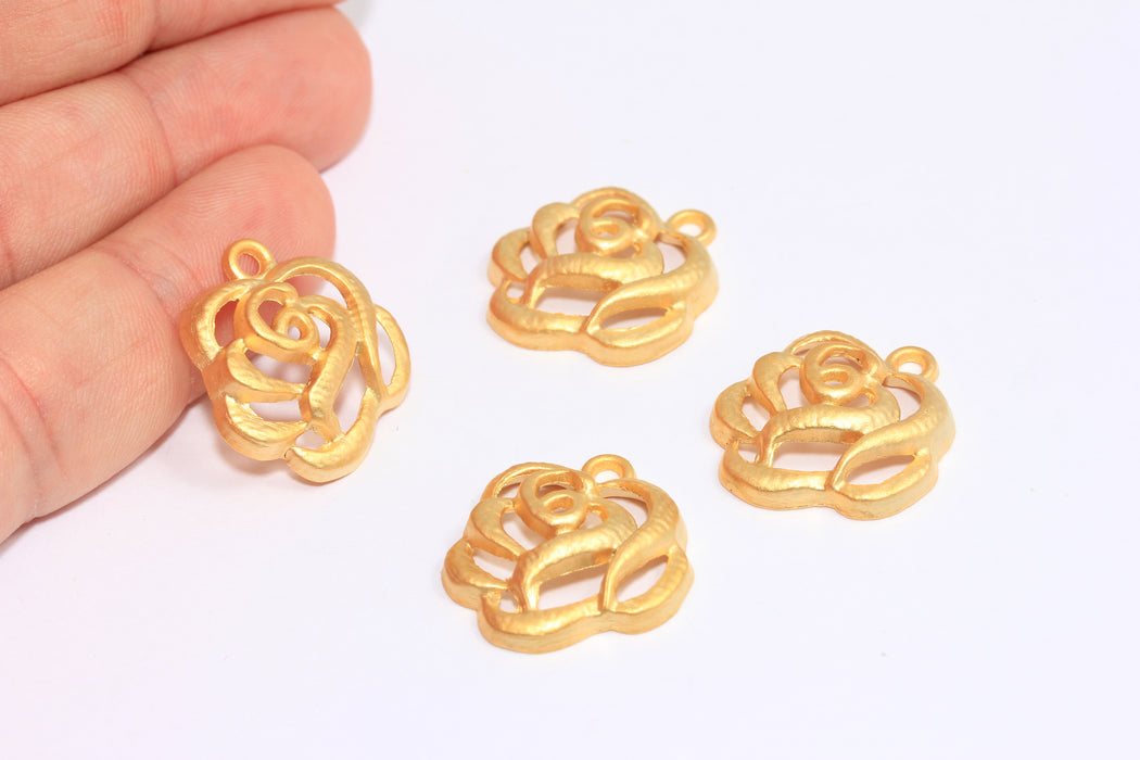 Perline a forma di fiore in oro opaco 24k da 20 mm, ciondoli a forma di fiore, ciondolo a forma di rosa in filigrana, BRT121
