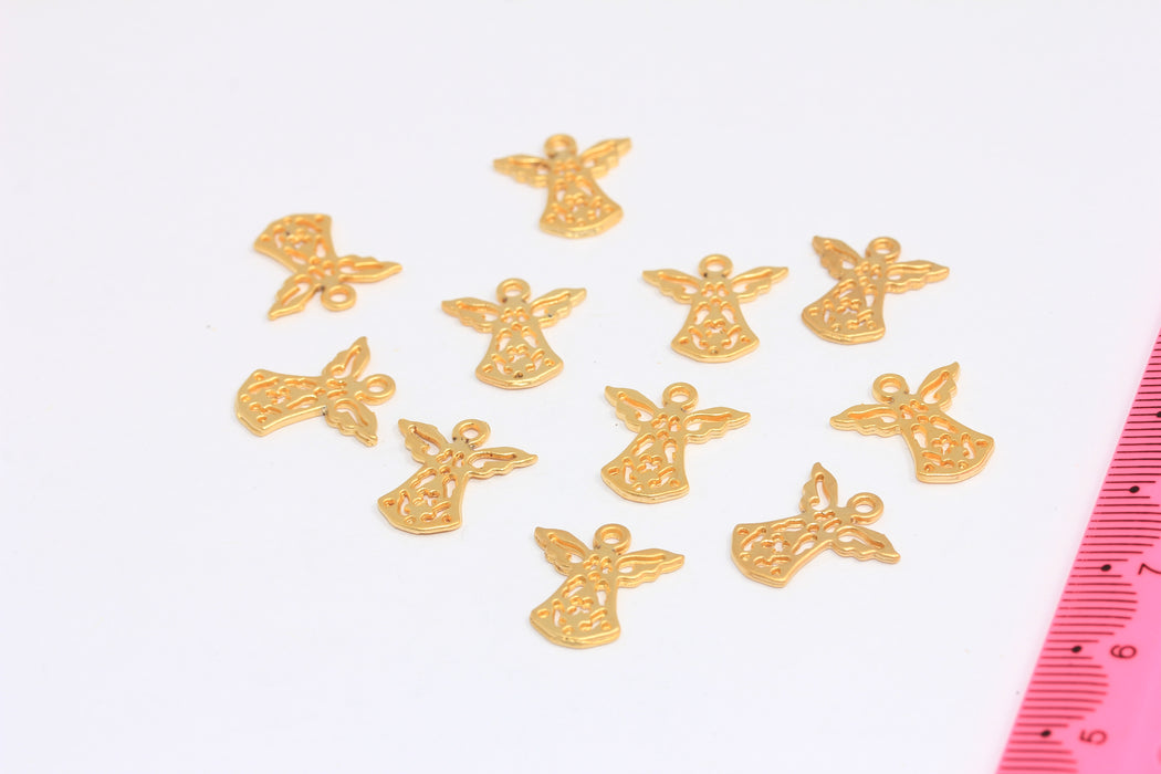 Ciondoli a forma di angelo in oro opaco 24k da 14x15 mm, ciondoli per collana a forma di angelo in filigrana, BRT98