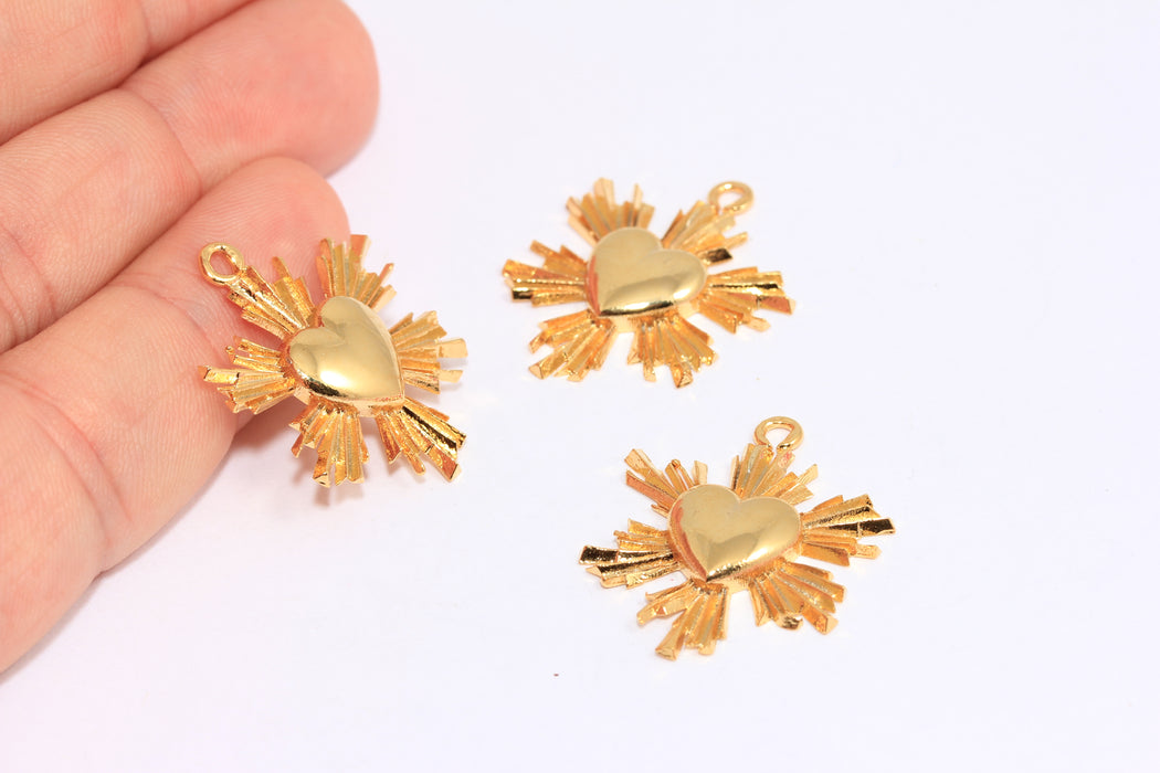 23x28mm 24mm 24 ayar Parlak Altın Kalp Takılar, Aşk Kolyesi, Güneş Kalp Madalyonu, BRT186