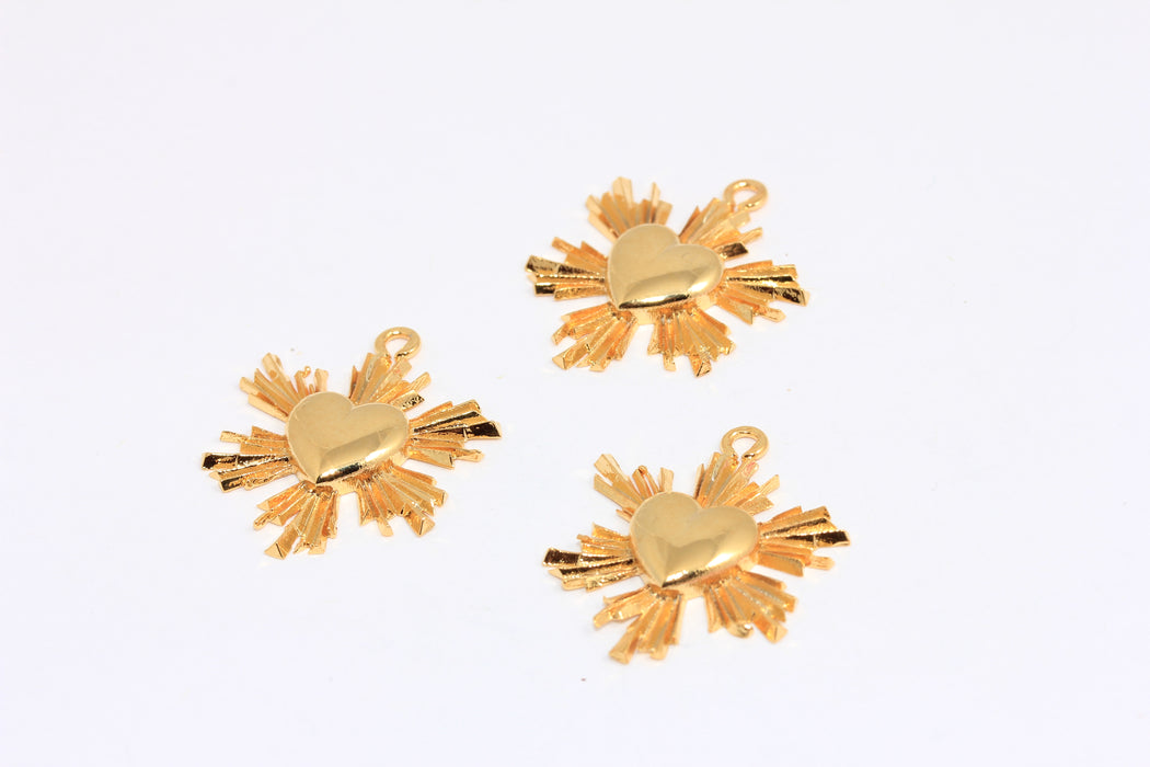 Ciondoli a forma di cuore in oro lucido 24k da 23x28 mm e 24 mm, collana dell'amore, medaglione a forma di cuore con sole, BRT186