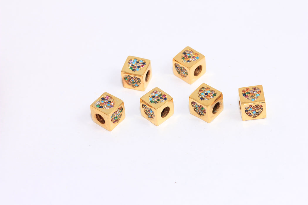 8x8mm Ham Pirinç Kalp Boncukları, Karışık Taşlı Kalp Tılsımı, Küp Mikro Döşeme Kalp Boncukları, BRT282