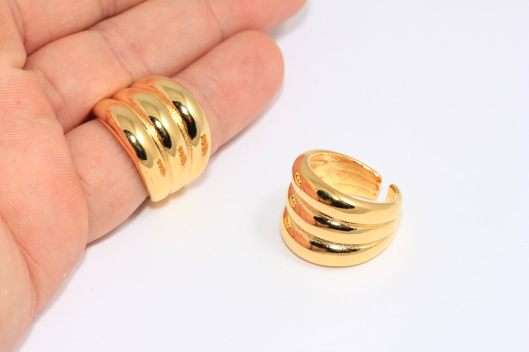 17-18mm 24k Shiny Gold Ring, Adjustable Statement Cuff, Textured String Ring, Shell Ring, BRT470