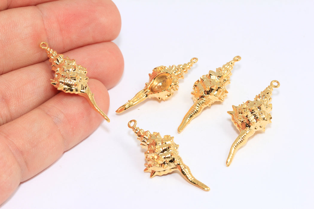 Ciondolo a forma di conchiglia in oro lucido 24k da 12x30 mm, perline a forma di conchiglia a goccia, animali marini, BRT404