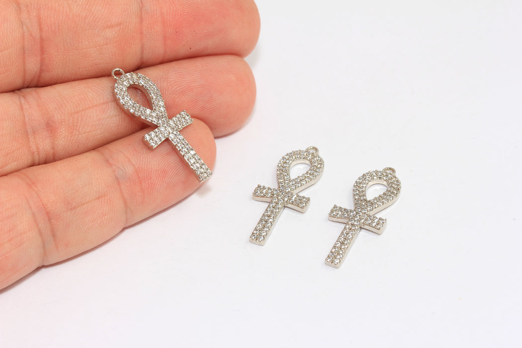 11,5x28 mm Rodyum Kaplama Ankh Charms, CZ Life Charm, CZ Beyaz Taş Ankh, BRT415